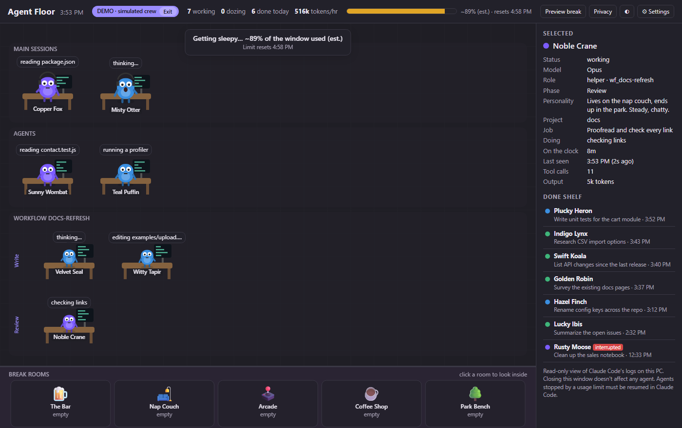 Agent Floor in dark theme with the usage meter near its limit and agents yawning at their desks.