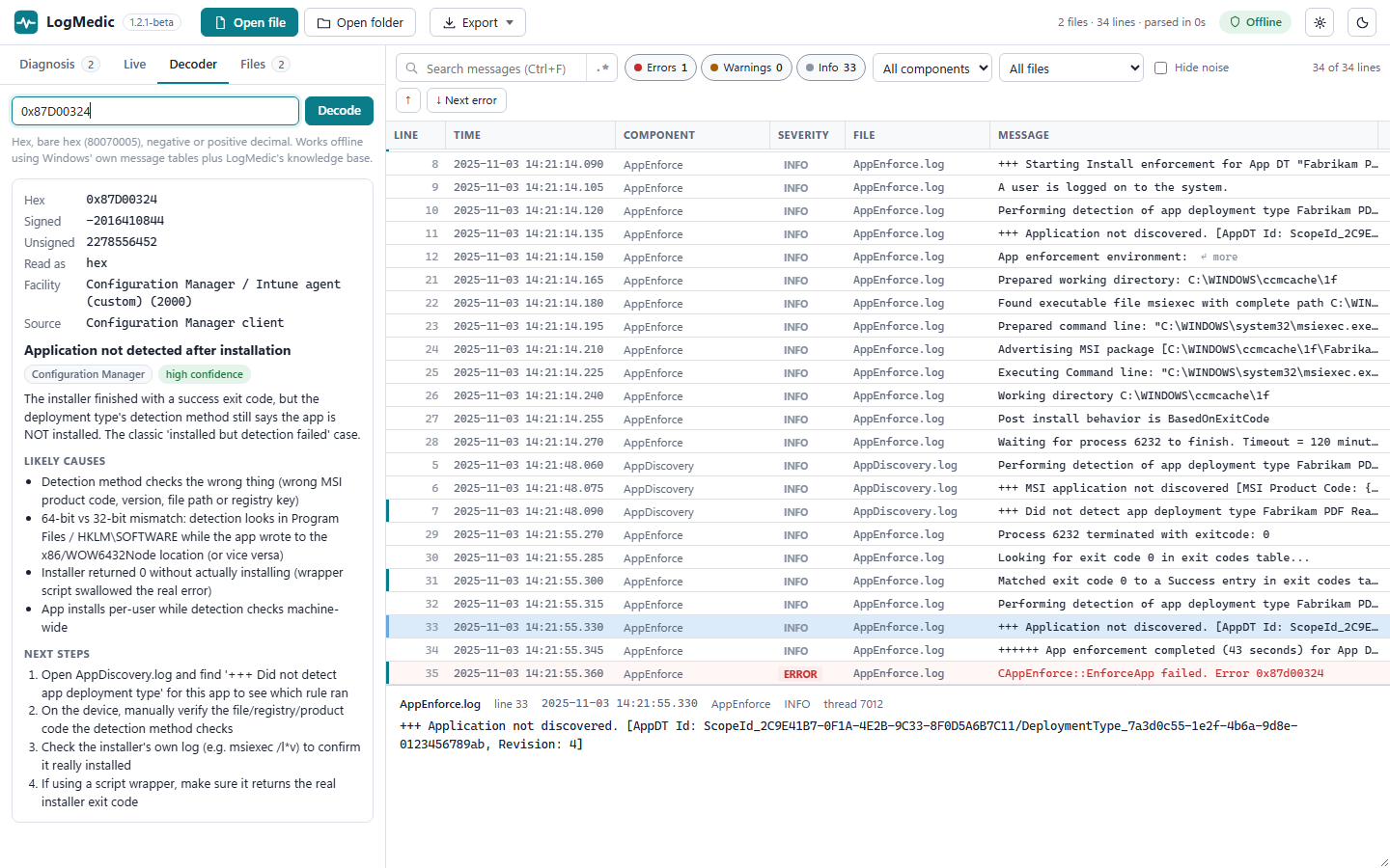 LogMedic decoding error 0x87D00324: application not detected after installation, with likely causes and next steps