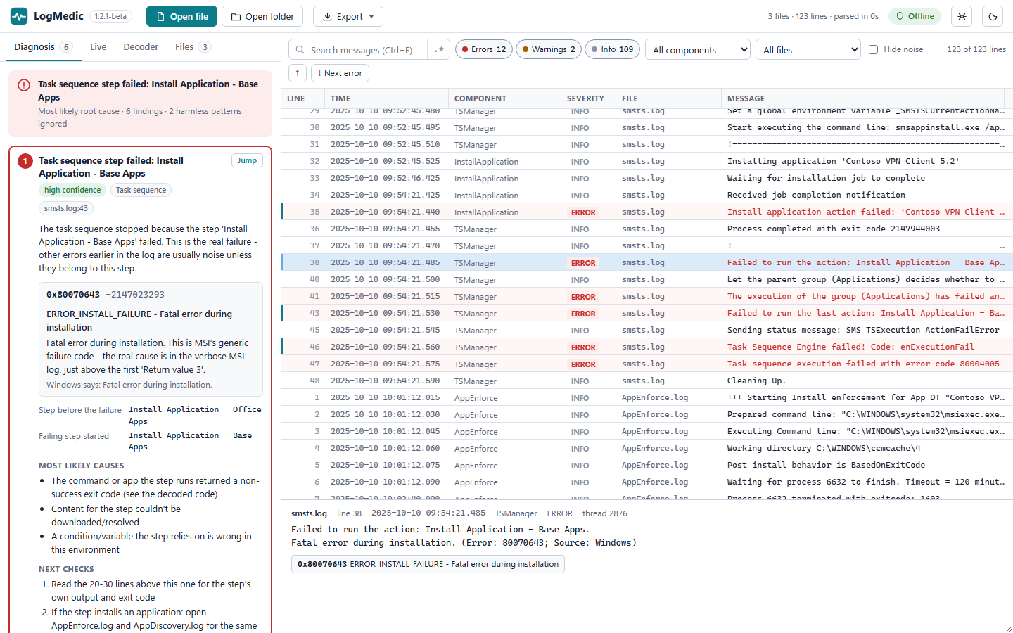LogMedic diagnosing a failed task sequence: the failing step, the decoded MSI error and next checks, next to the log timeline