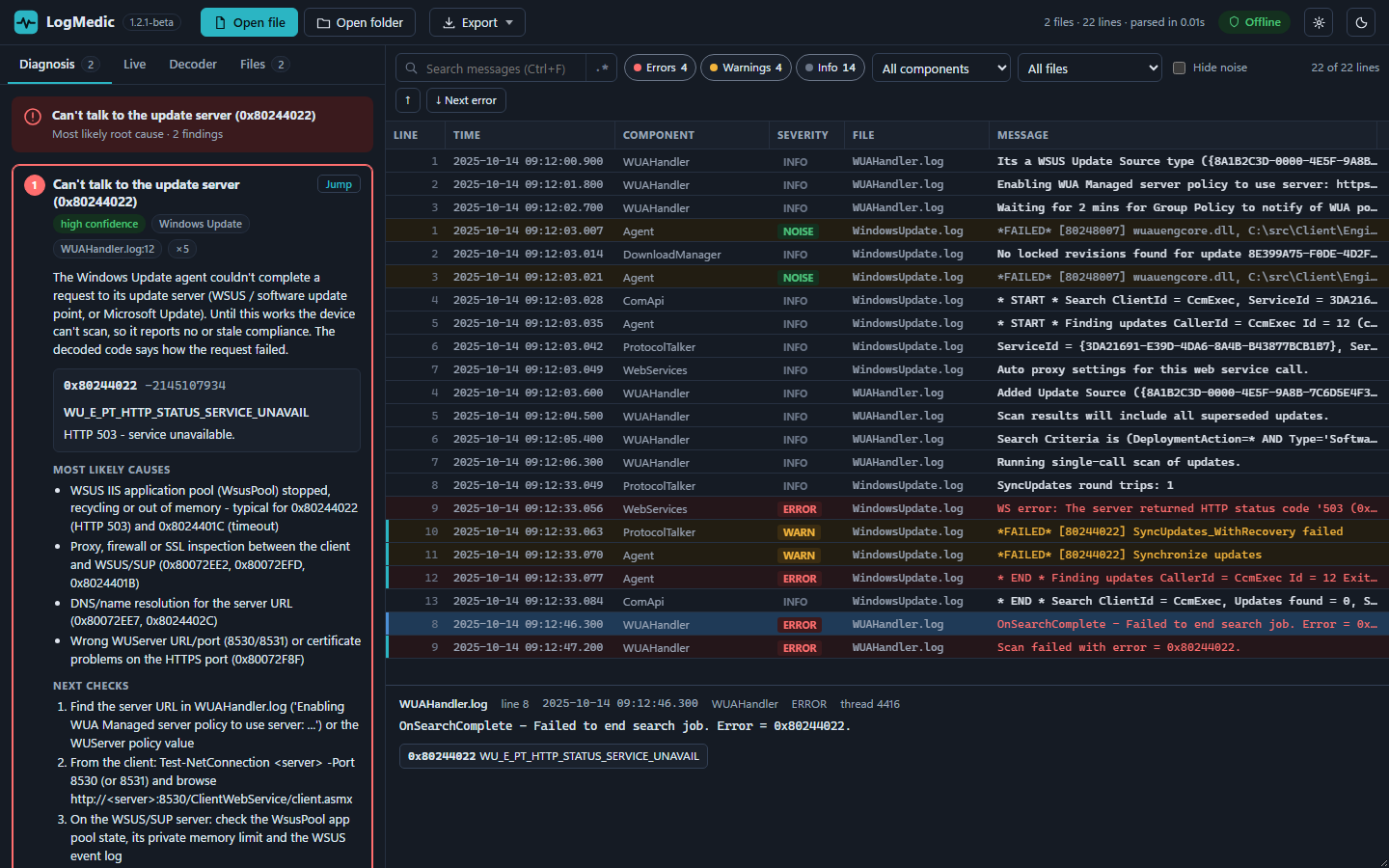 LogMedic in dark mode showing a Windows Update scan failure (0x80244022) with harmless errors labelled as noise